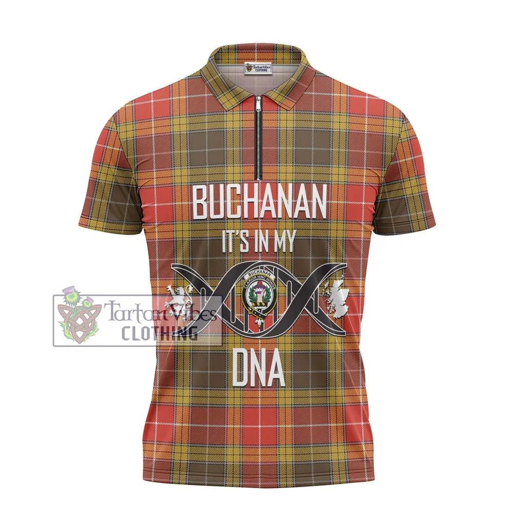 Buchanan Old Set Weathered Tartan Zipper Polo Shirt with Family Crest DNA In Me Style