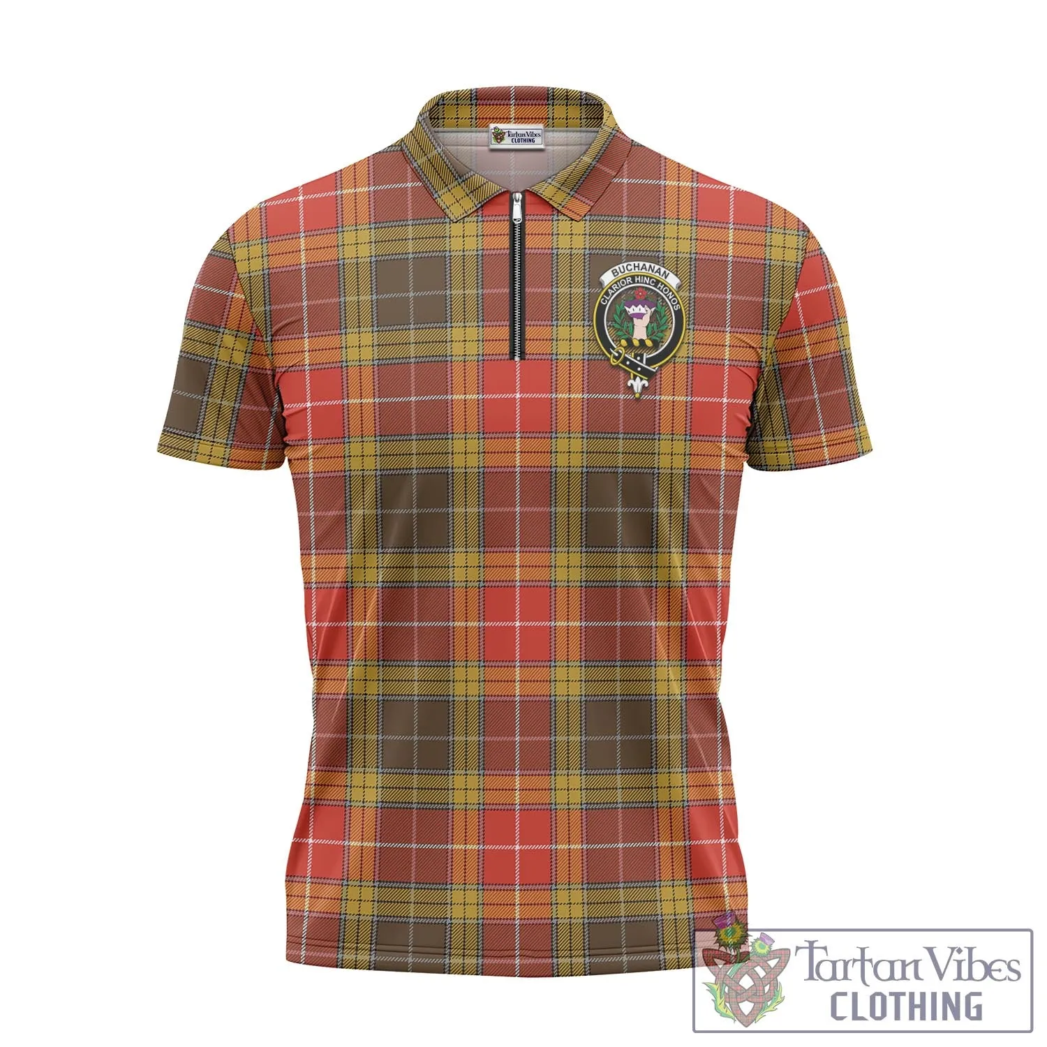 Buchanan Old Set Weathered Tartan Zipper Polo Shirt with Family Crest