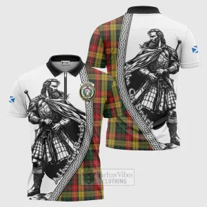 Buchanan Tartan Clan Crest Zipper Polo Shirt with Highlander Warrior Celtic Style