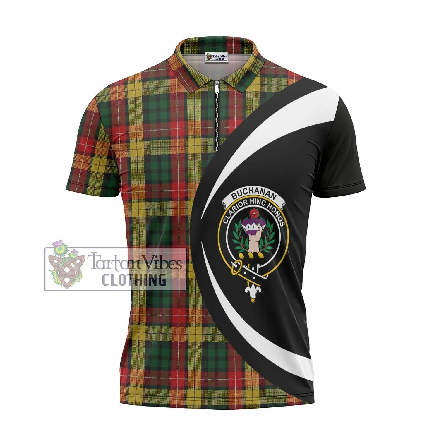 Buchanan Tartan Zipper Polo Shirt with Family Crest Circle Style