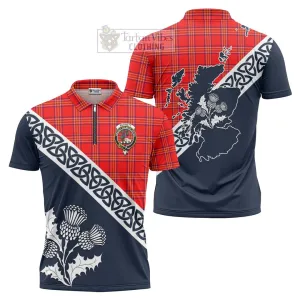 Burnett Tartan Zipper Polo Shirt Featuring Thistle and Scotland Map