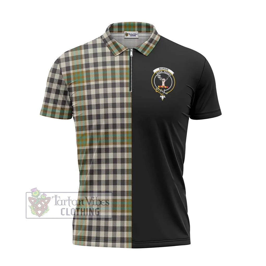 Burns Check Tartan Zipper Polo Shirt with Family Crest and Half Of Me Style