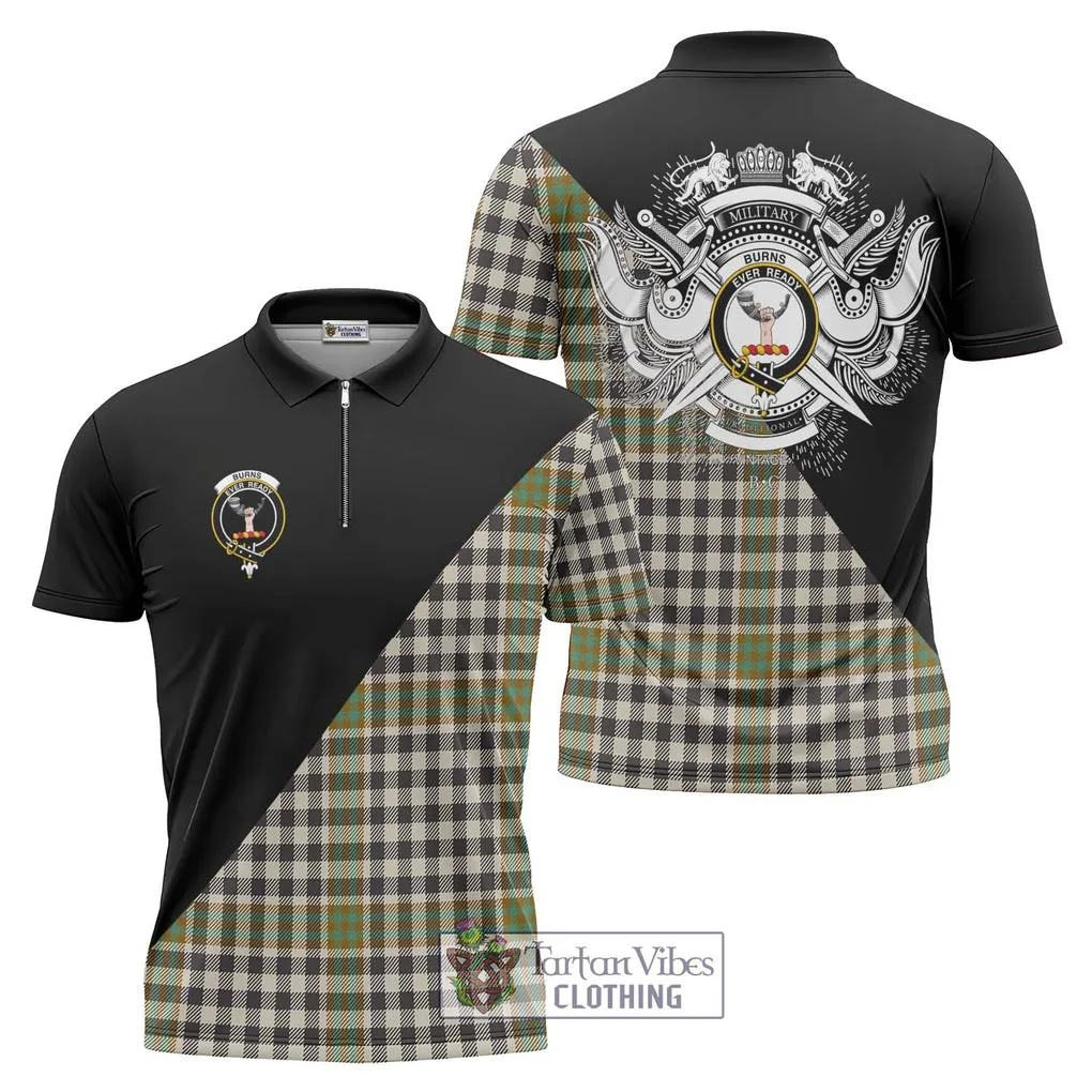 Burns Check Tartan Zipper Polo Shirt with Family Crest and Military Logo Style