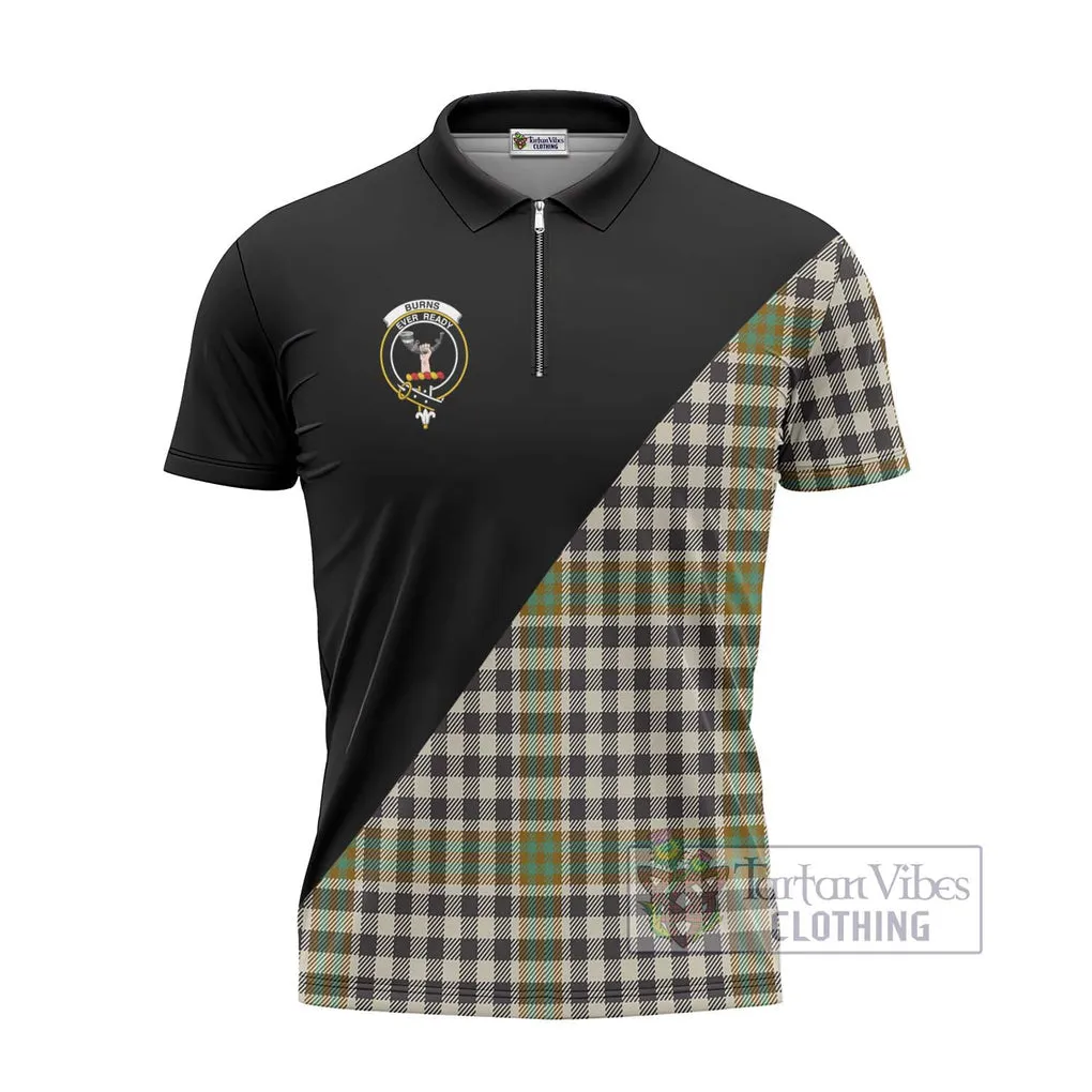 Burns Check Tartan Zipper Polo Shirt with Family Crest and Military Logo Style