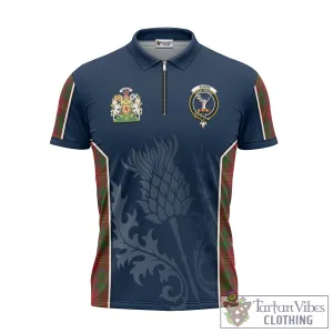 Burns Tartan Zipper Polo Shirt with Family Crest and Scottish Thistle Vibes Sport Style