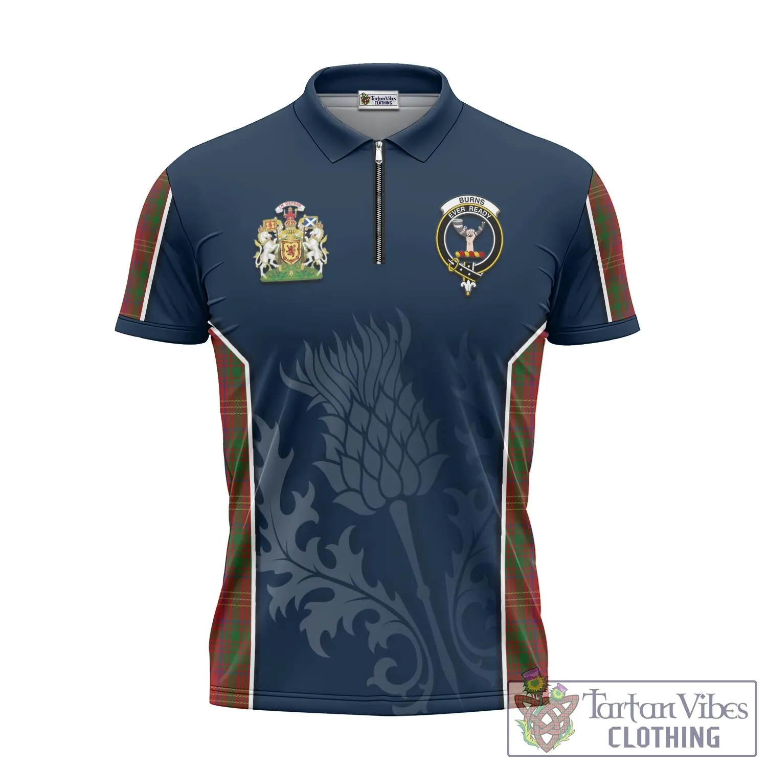 Burns Tartan Zipper Polo Shirt with Family Crest and Scottish Thistle Vibes Sport Style