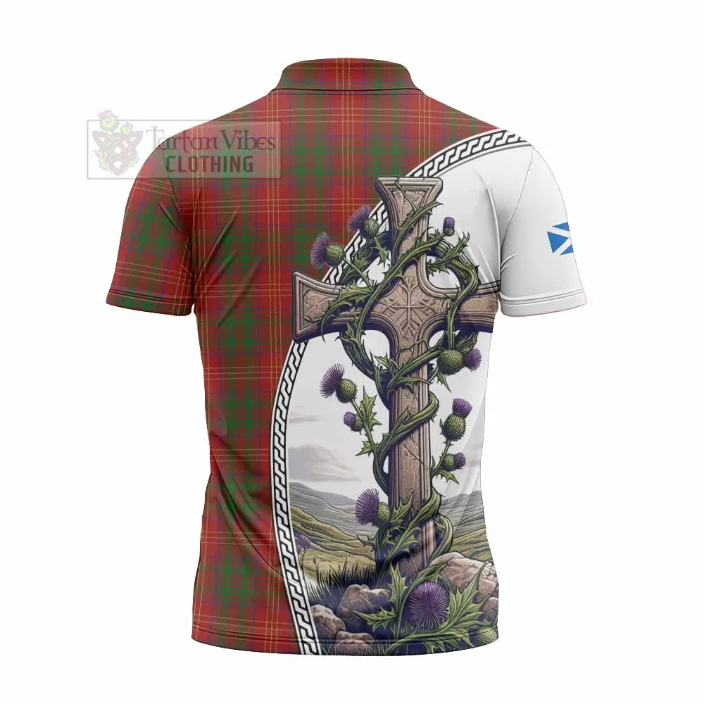 Burns Tartan Zipper Polo Shirt with Family Crest and St. Andrew's Cross Accented by Thistle Vines