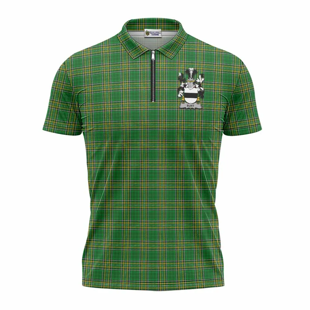 Burt Irish Clan Tartan Zipper Polo Shirt with Coat of Arms