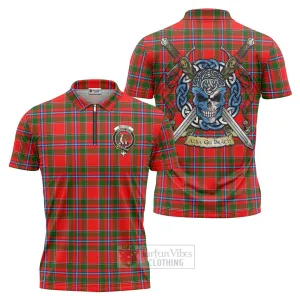 Butter Tartan Zipper Polo Shirt with Family Crest Celtic Skull Style