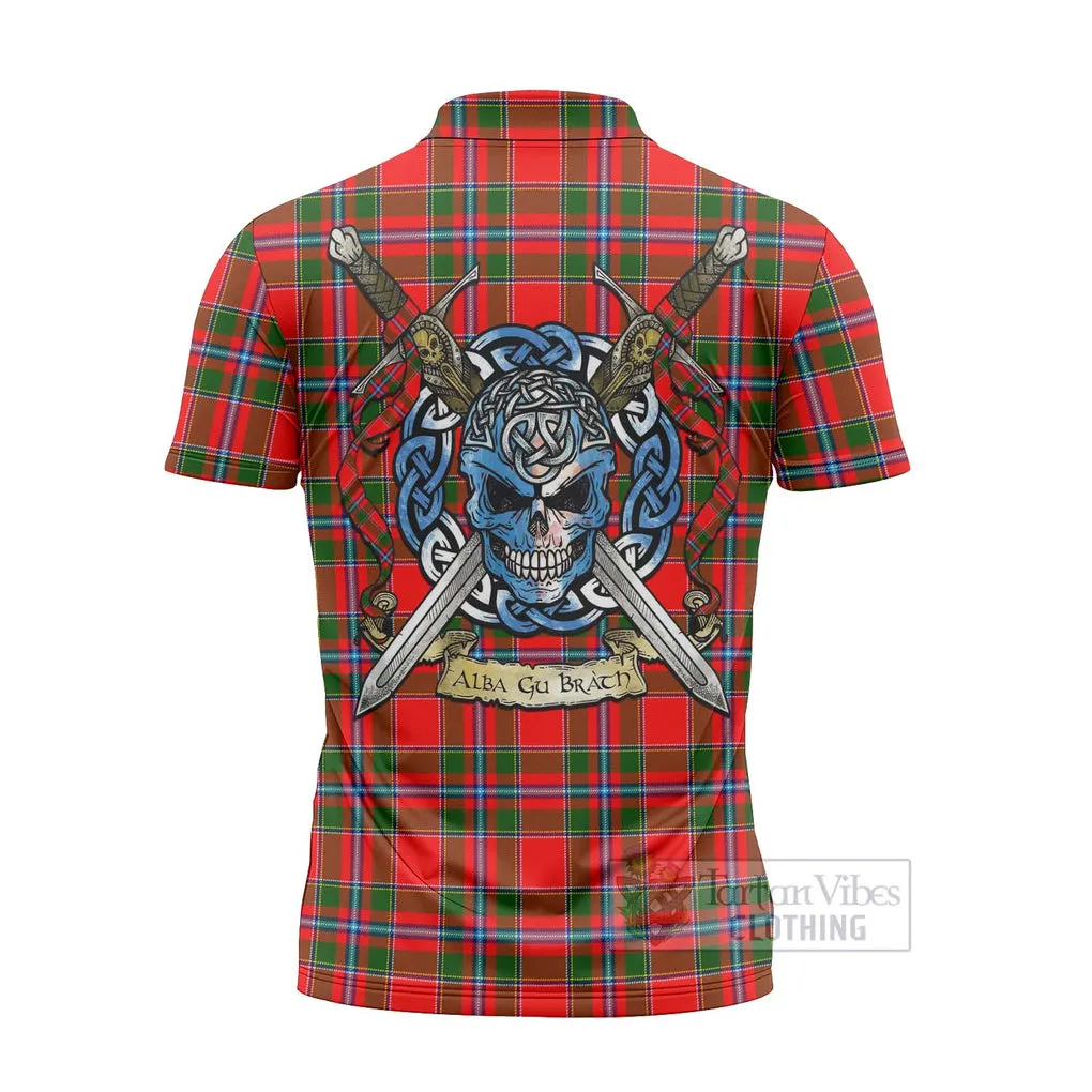 Butter Tartan Zipper Polo Shirt with Family Crest Celtic Skull Style