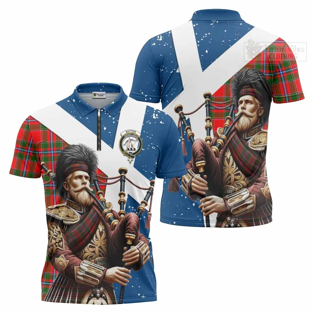 Butter Tartan Zipper Polo Shirt with Family Crest Scottish Bagpiper Vibes