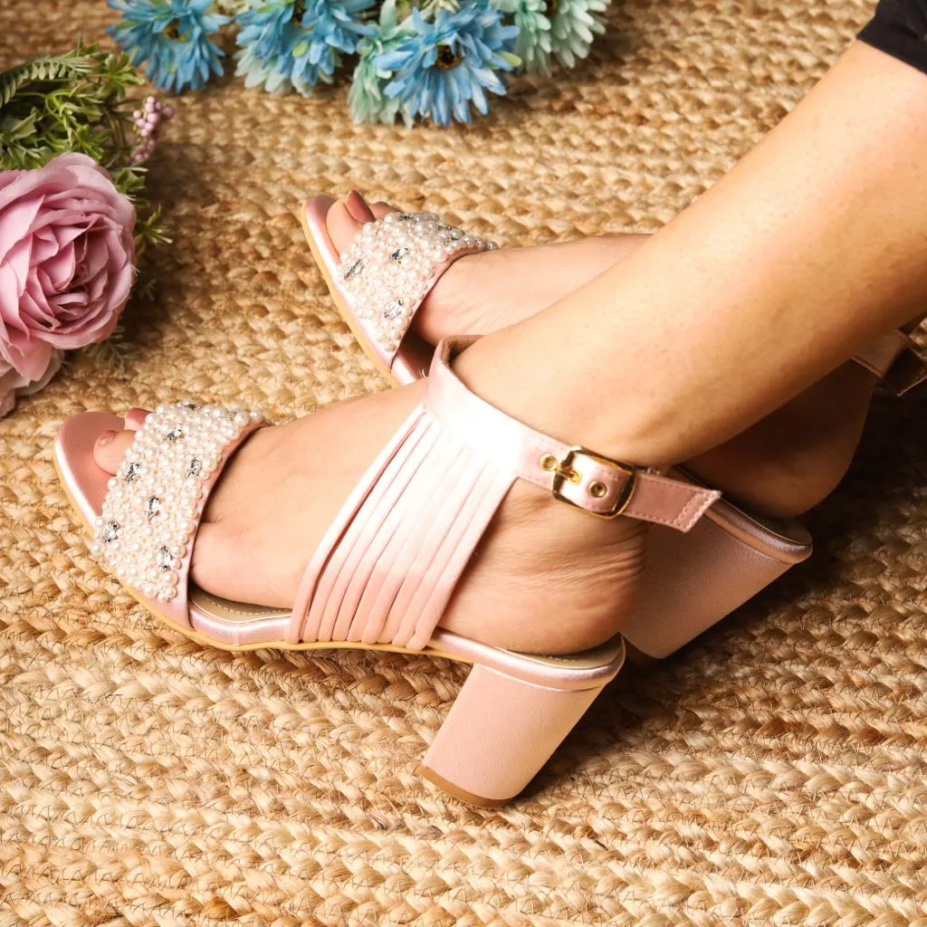 Christin (Pink Satin Pearl Stones Bridal Blocks Heels Customised)