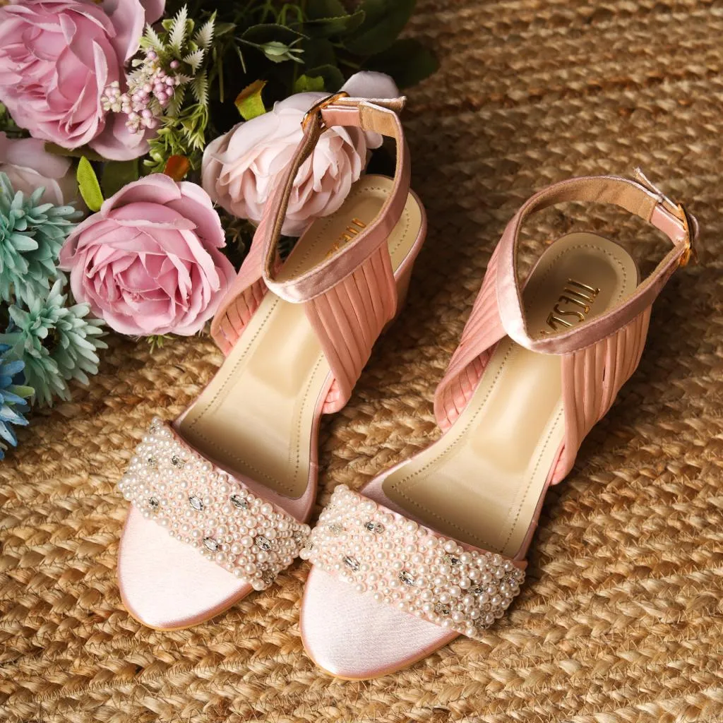 Christin (Pink Satin Pearl Stones Bridal Blocks Heels Customised)