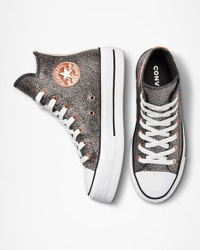 Converse sneakers alta da donna con zeppa Chuck Taylor All Star Lift Platform Metallico Glitter A01301C nero-rame-bianco