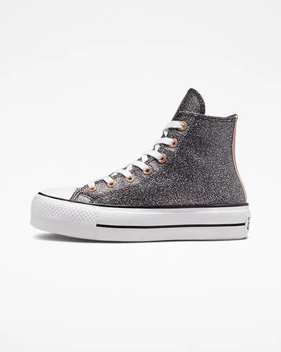 Converse sneakers alta da donna con zeppa Chuck Taylor All Star Lift Platform Metallico Glitter A01301C nero-rame-bianco