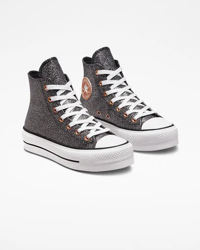 Converse sneakers alta da donna con zeppa Chuck Taylor All Star Lift Platform Metallico Glitter A01301C nero-rame-bianco