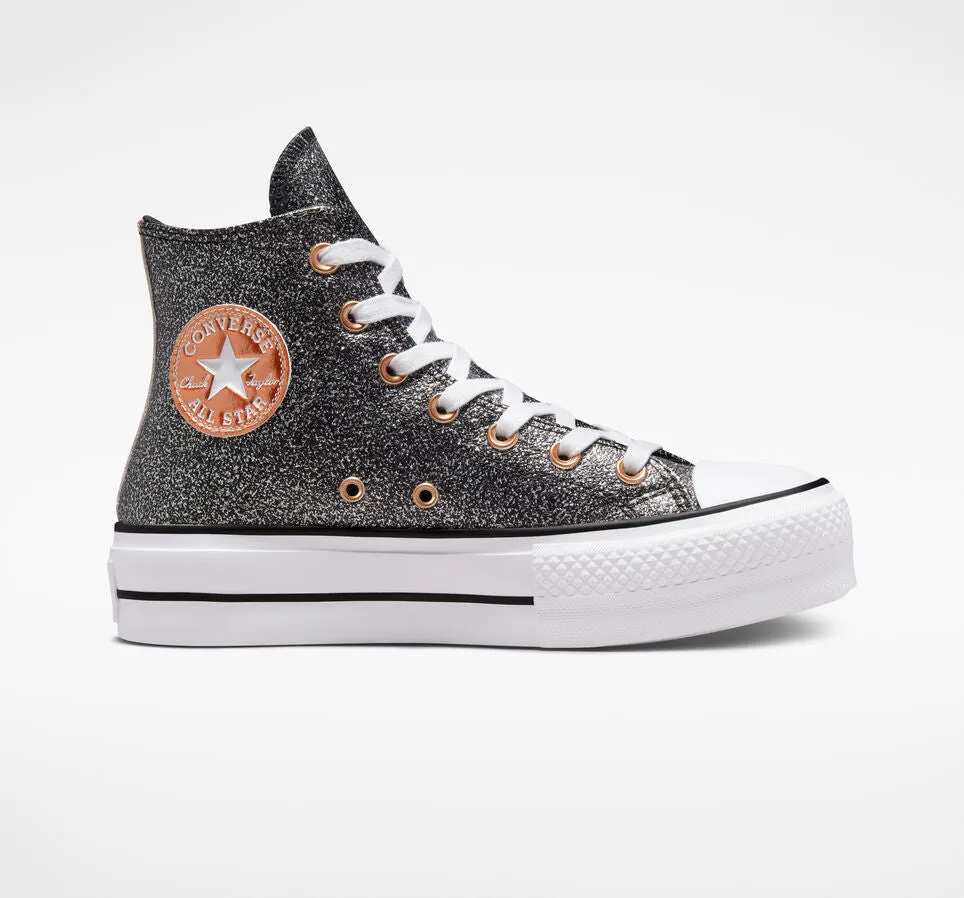 Converse sneakers alta da donna con zeppa Chuck Taylor All Star Lift Platform Metallico Glitter A01301C nero-rame-bianco