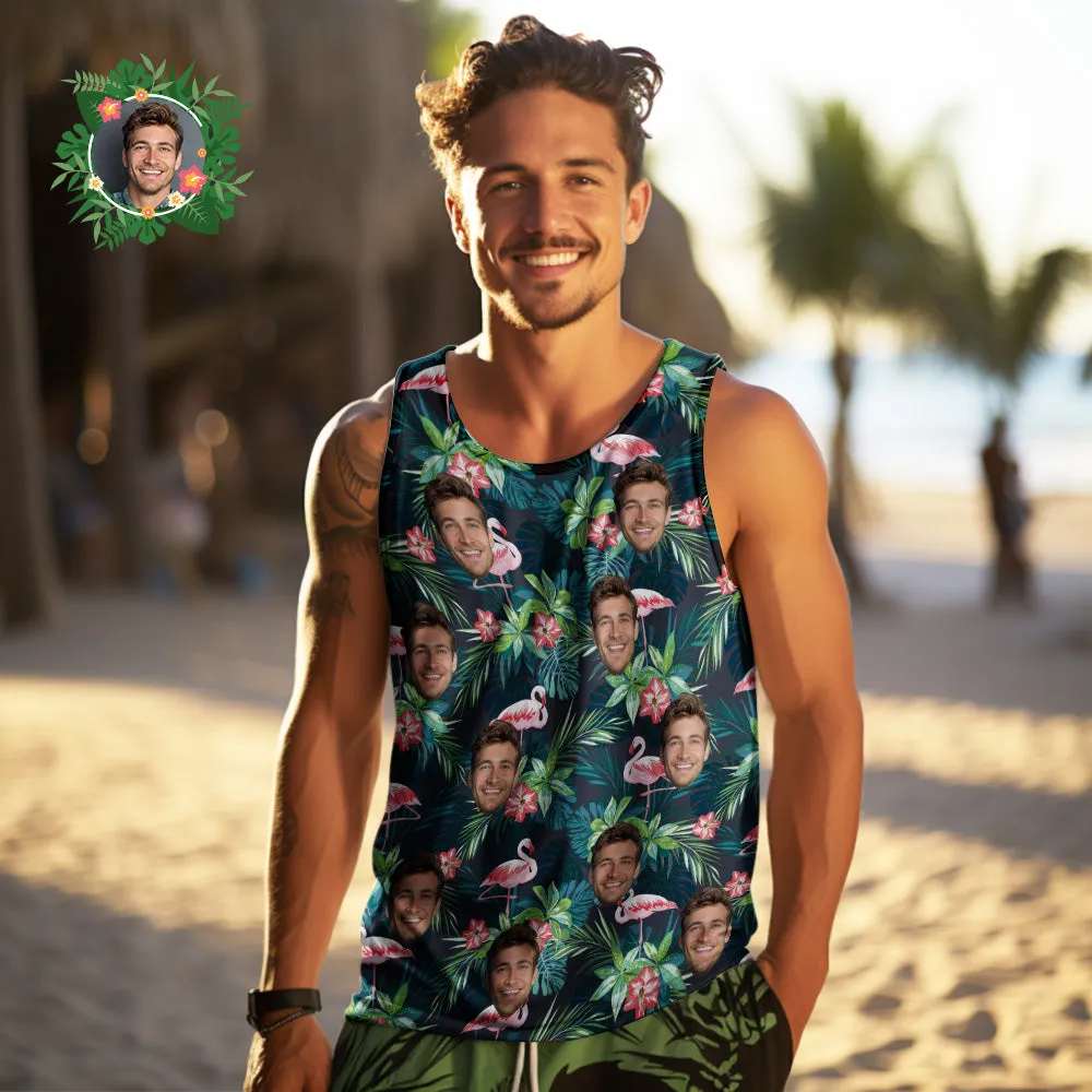 Custom Face Tank Tops Men's Sleeveless Shirt Leaves & Flamingo