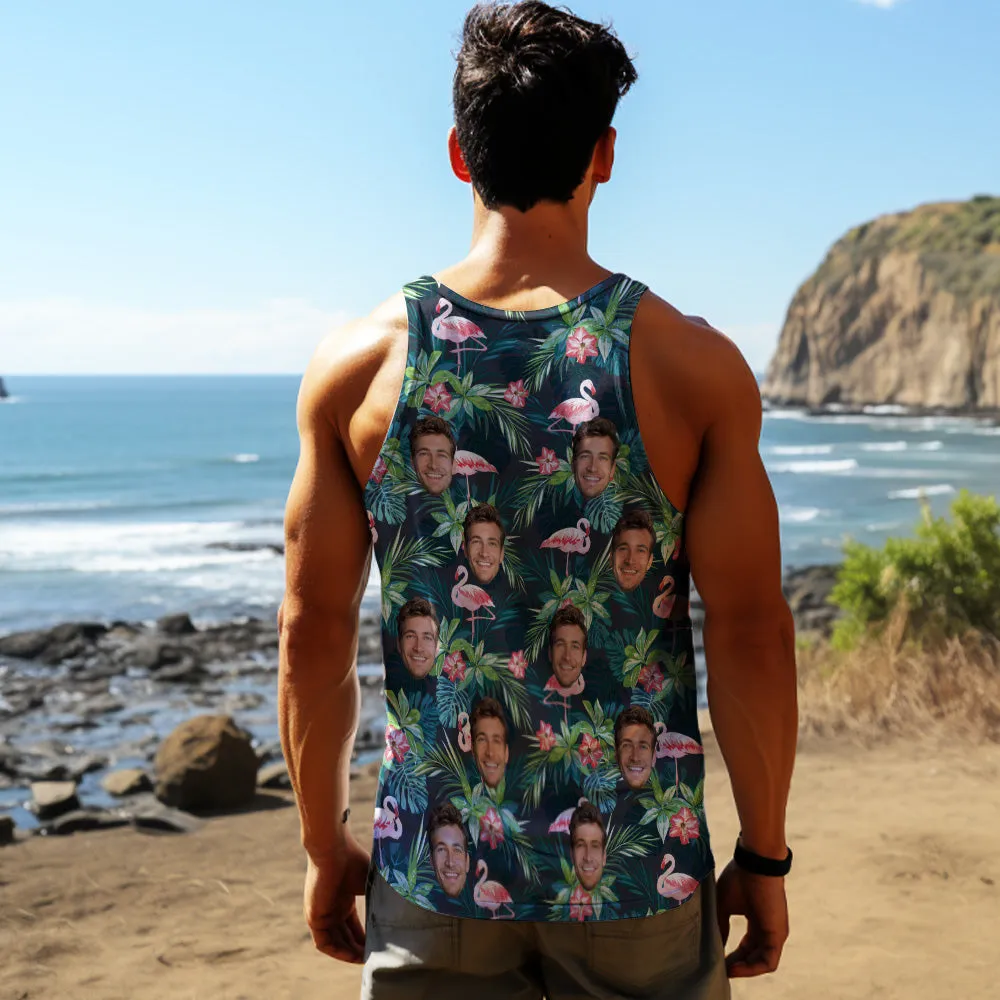 Custom Face Tank Tops Men's Sleeveless Shirt Leaves & Flamingo