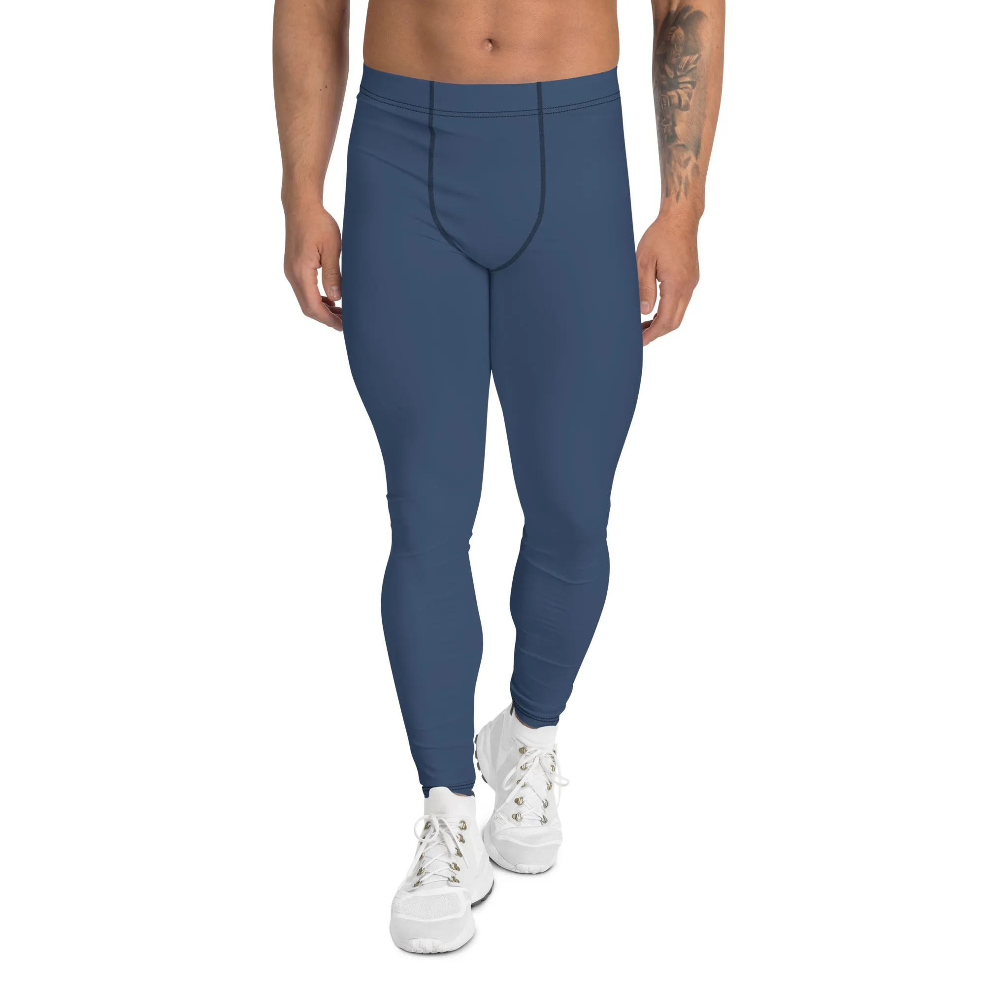 Dark Blue Color Men's Leggings, Modern Solid Blue Color Designer Spandex Men's Tights/Leggings- Made in USA/ MX/ EU