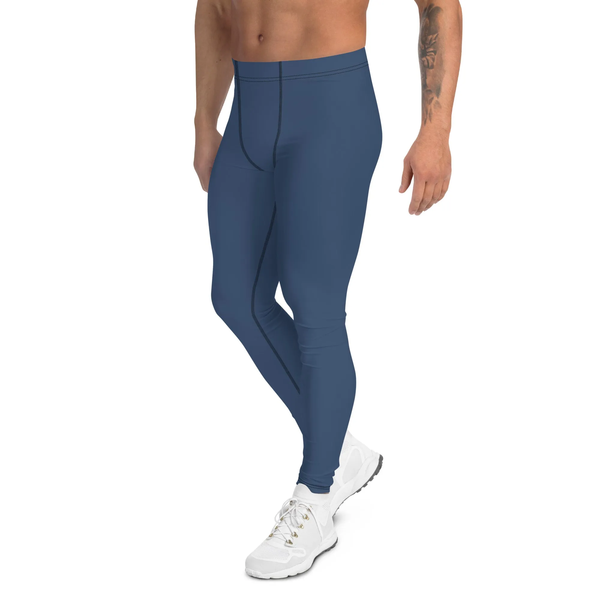 Dark Blue Color Men's Leggings, Modern Solid Blue Color Designer Spandex Men's Tights/Leggings- Made in USA/ MX/ EU