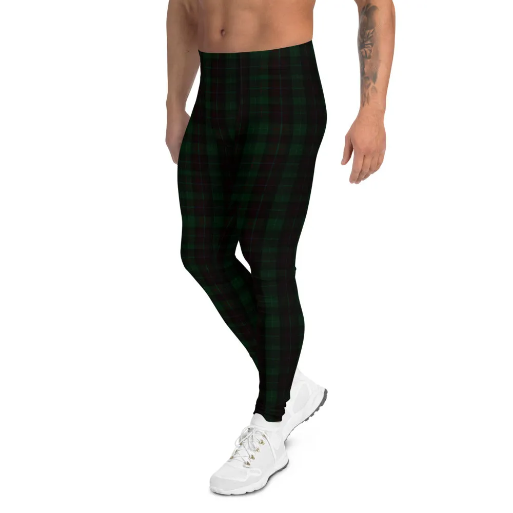 Dark Green Plaid Print Meggings, Premium Preppy Men's Leggings Tights-Made in USA/EU