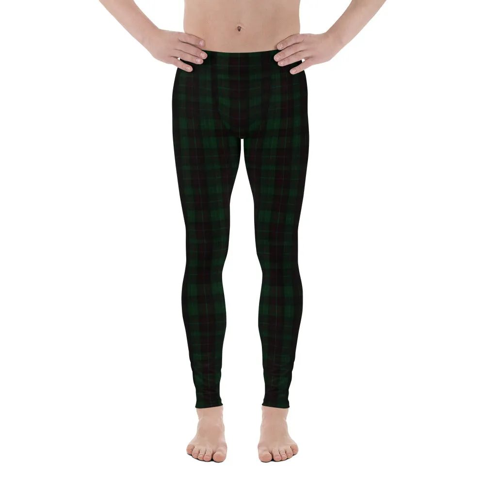 Dark Green Plaid Print Meggings, Premium Preppy Men's Leggings Tights-Made in USA/EU