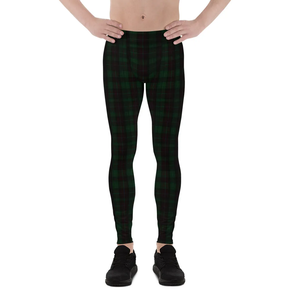 Dark Green Plaid Print Meggings, Premium Preppy Men's Leggings Tights-Made in USA/EU