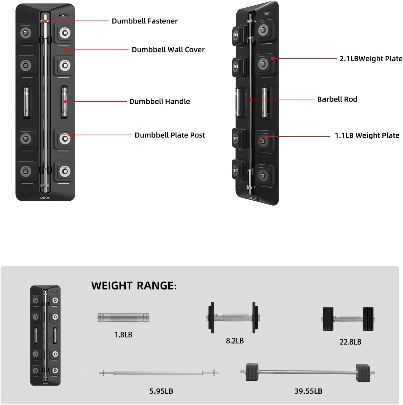 DHT D600 Wall Mount Black Adjustable Weight 1.8-22 lb Dumbbells, 6-54 lb Barbell Set