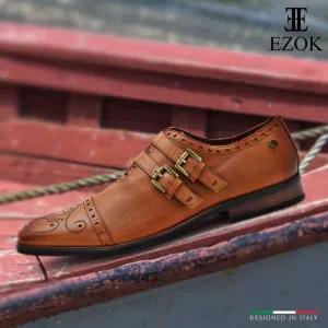 Ezok Men Tan Double Monk Strap Shoes