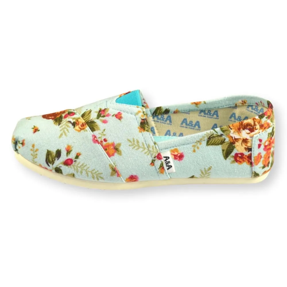 Floral VEGAN Light Blue Canvas Slip On Shoes