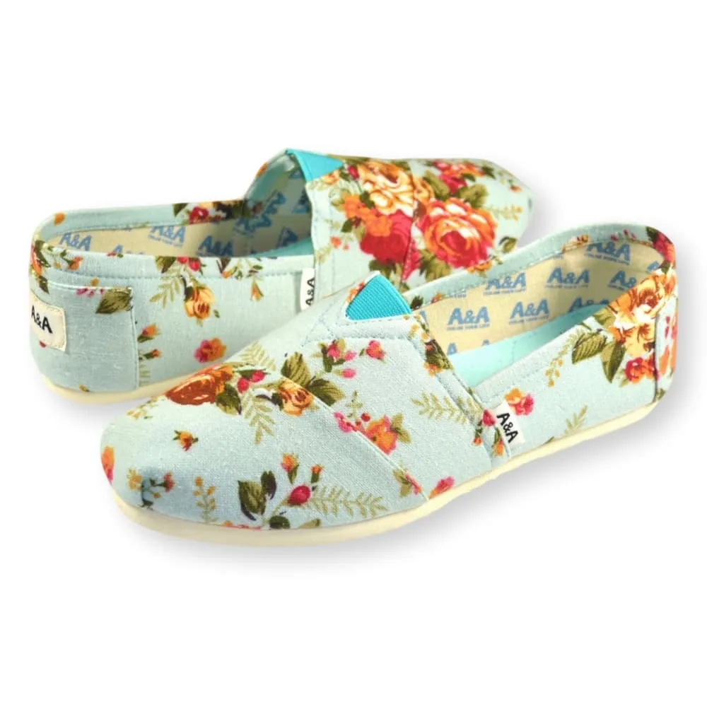 Floral VEGAN Light Blue Canvas Slip On Shoes