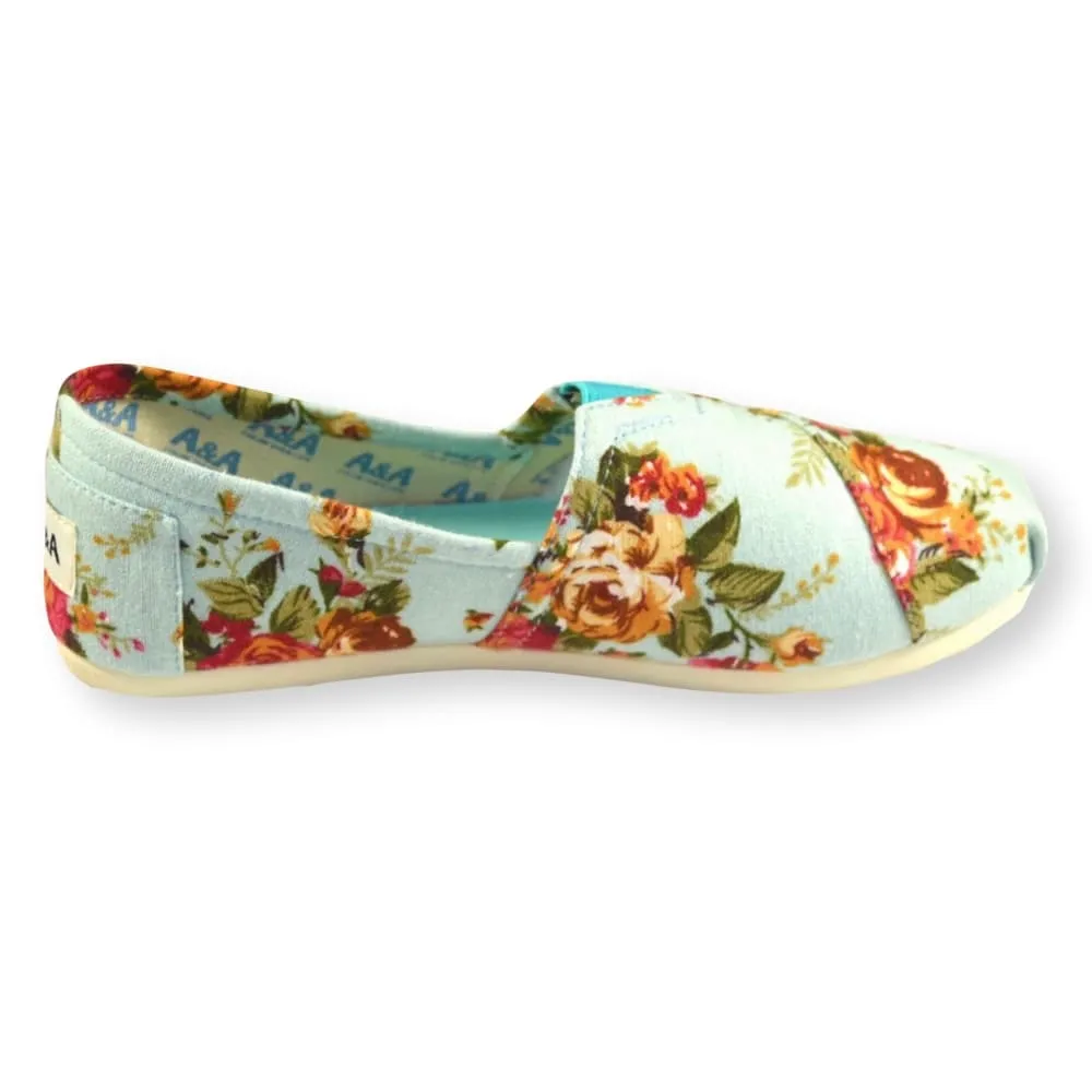 Floral VEGAN Light Blue Canvas Slip On Shoes