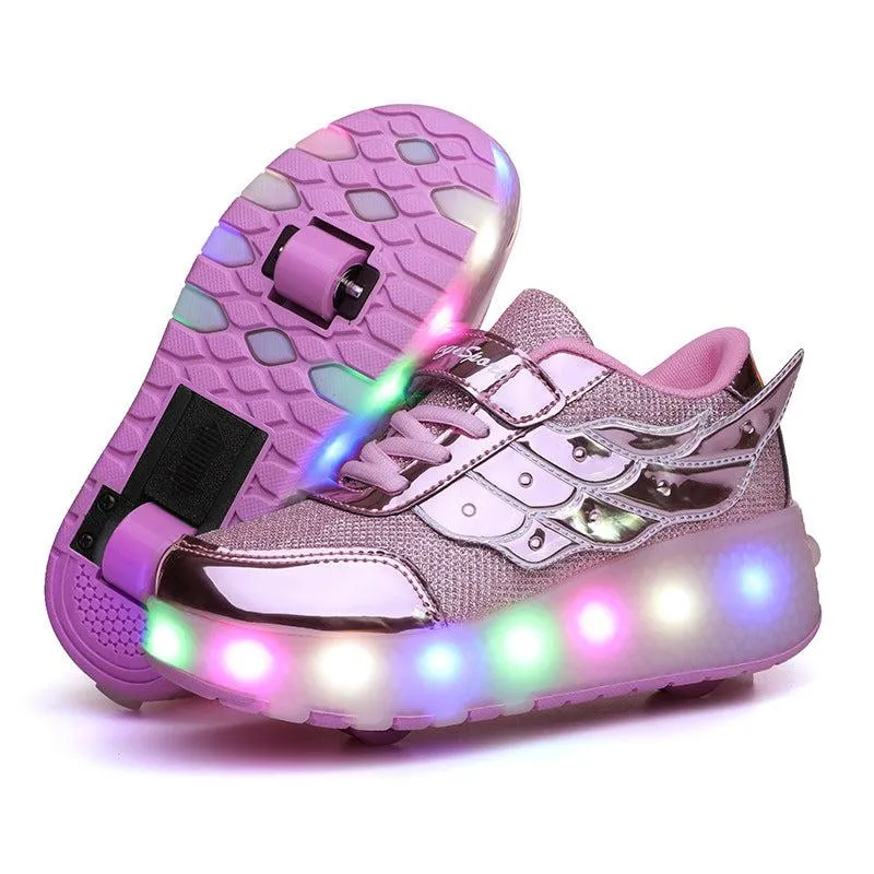 Flying Wings Led Roller Shoes For Kids - Silver, Pink | Kids Led Light Roller Wheel Shoes