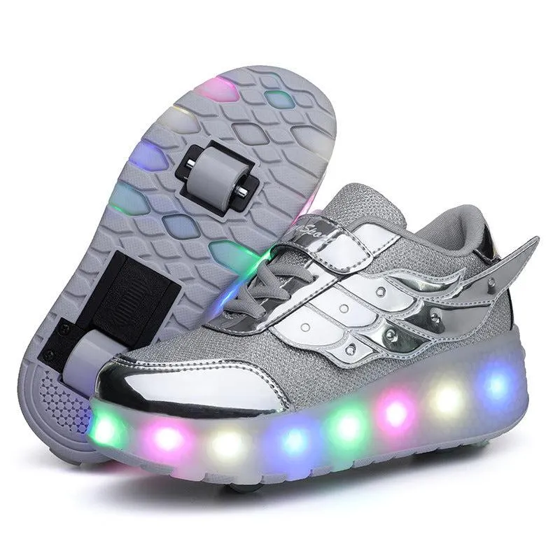 Flying Wings Led Roller Shoes For Kids - Silver, Pink | Kids Led Light Roller Wheel Shoes