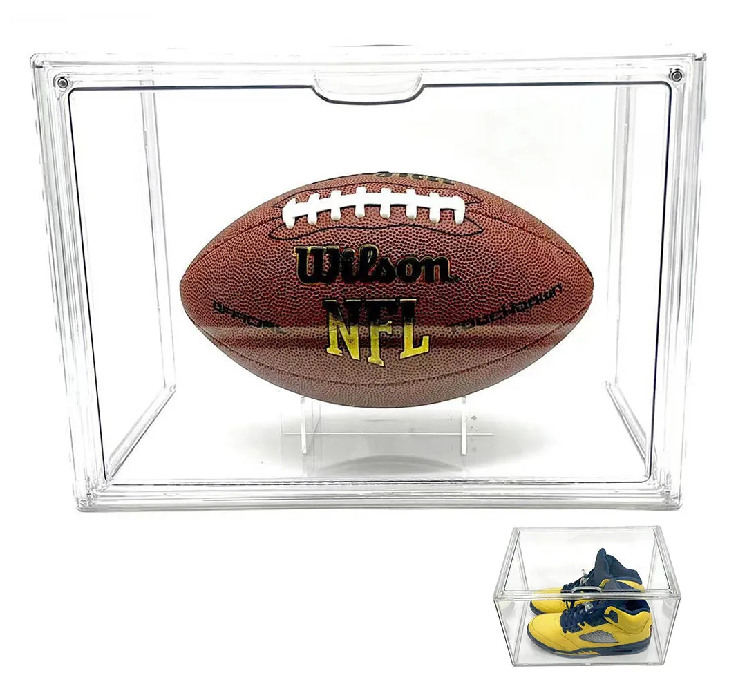 Football Display Case Full Size, Clear Acrylic Football Case Display Case with Magnetic Door and UV Protection, Professional Grade Stackable Football Display Box