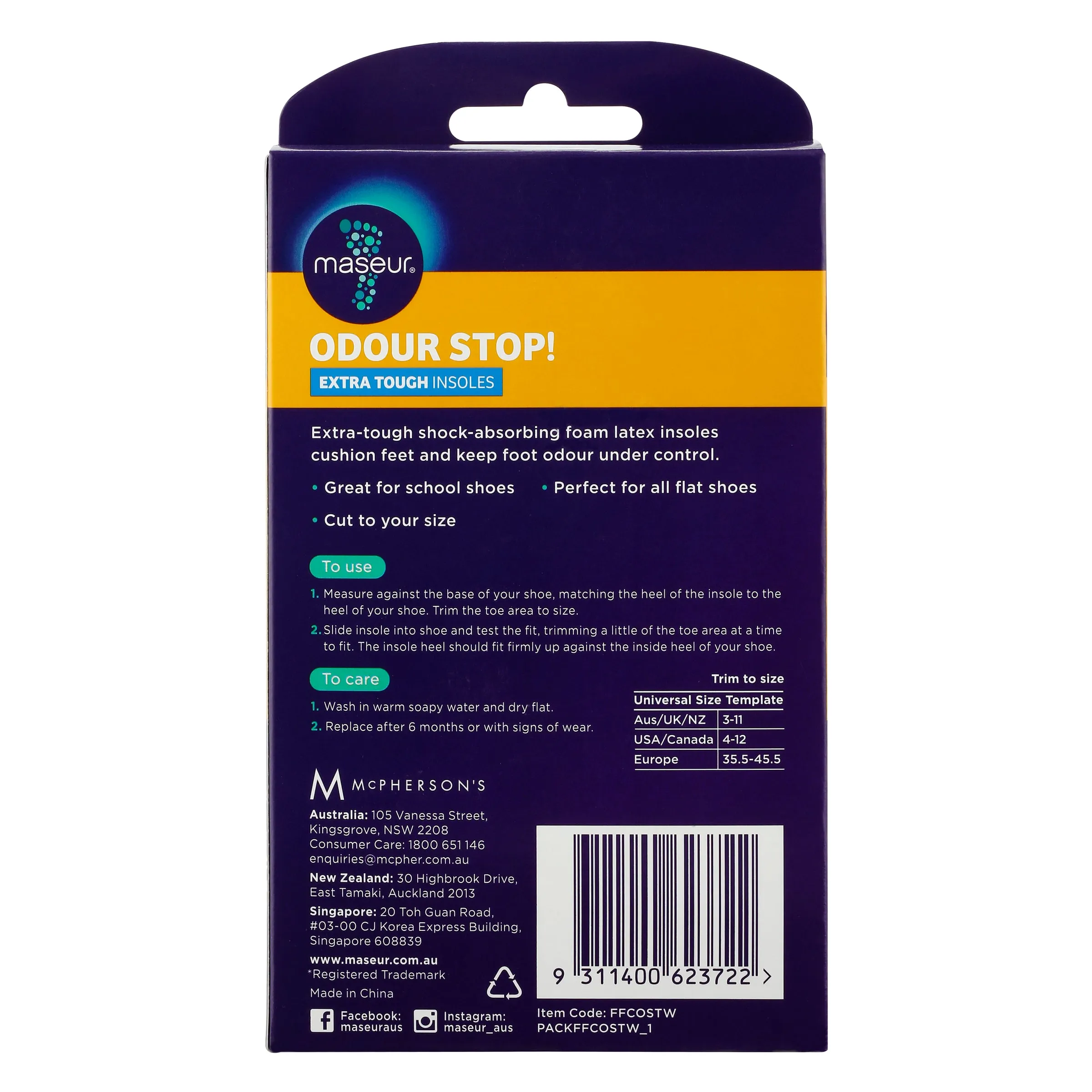 Footcare Odour Stop Extra Tough Insoles, 1 pair