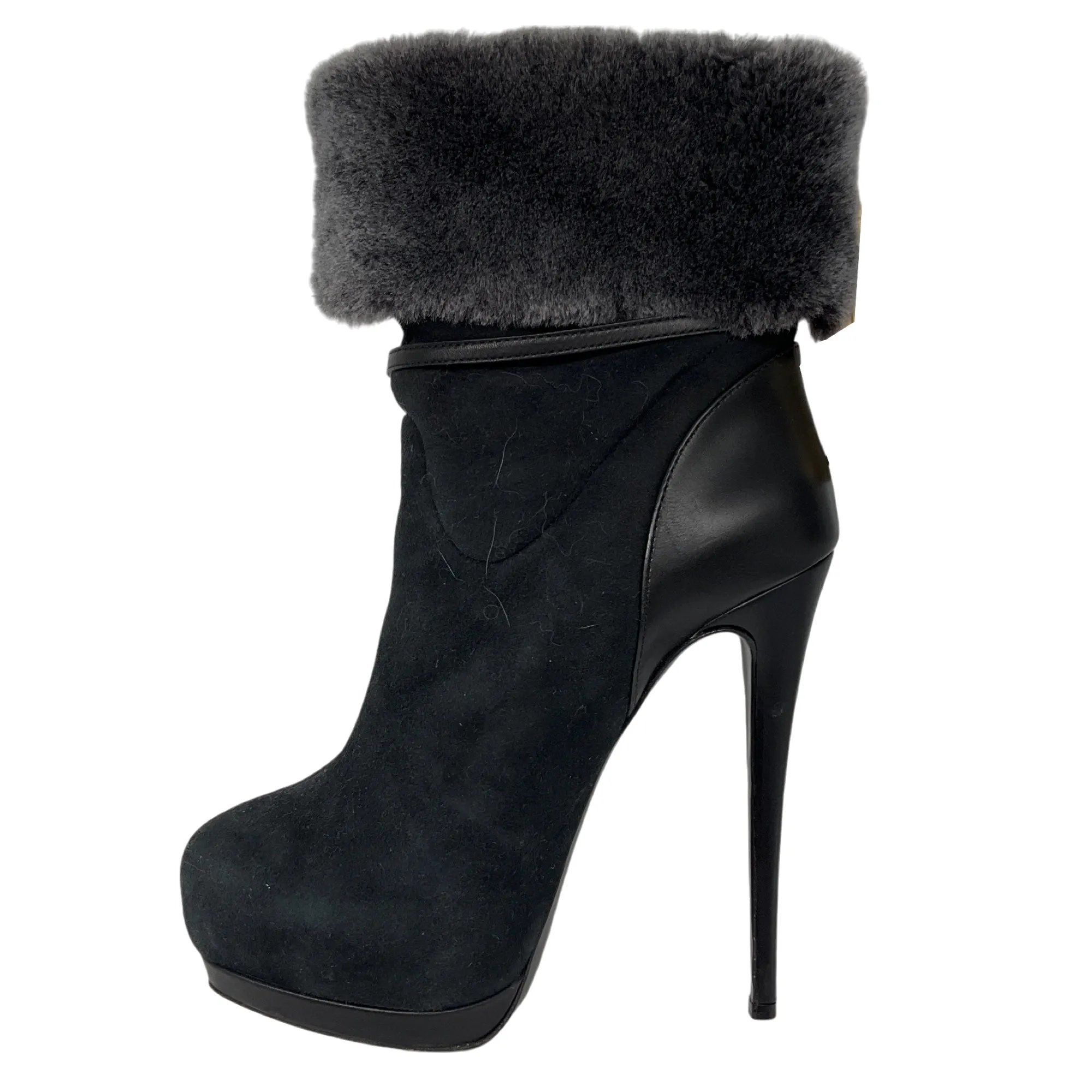 Giuseppe Zanotti Black / Grey Shearling Trimmed High Heeled Suede Booties