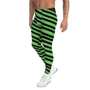 Green Diagonal Striped Men's Leggings, Diagonally Stripes Modern Premium Running Tights For Men