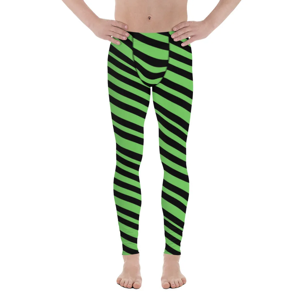 Green Diagonal Striped Men's Leggings, Diagonally Stripes Modern Premium Running Tights For Men