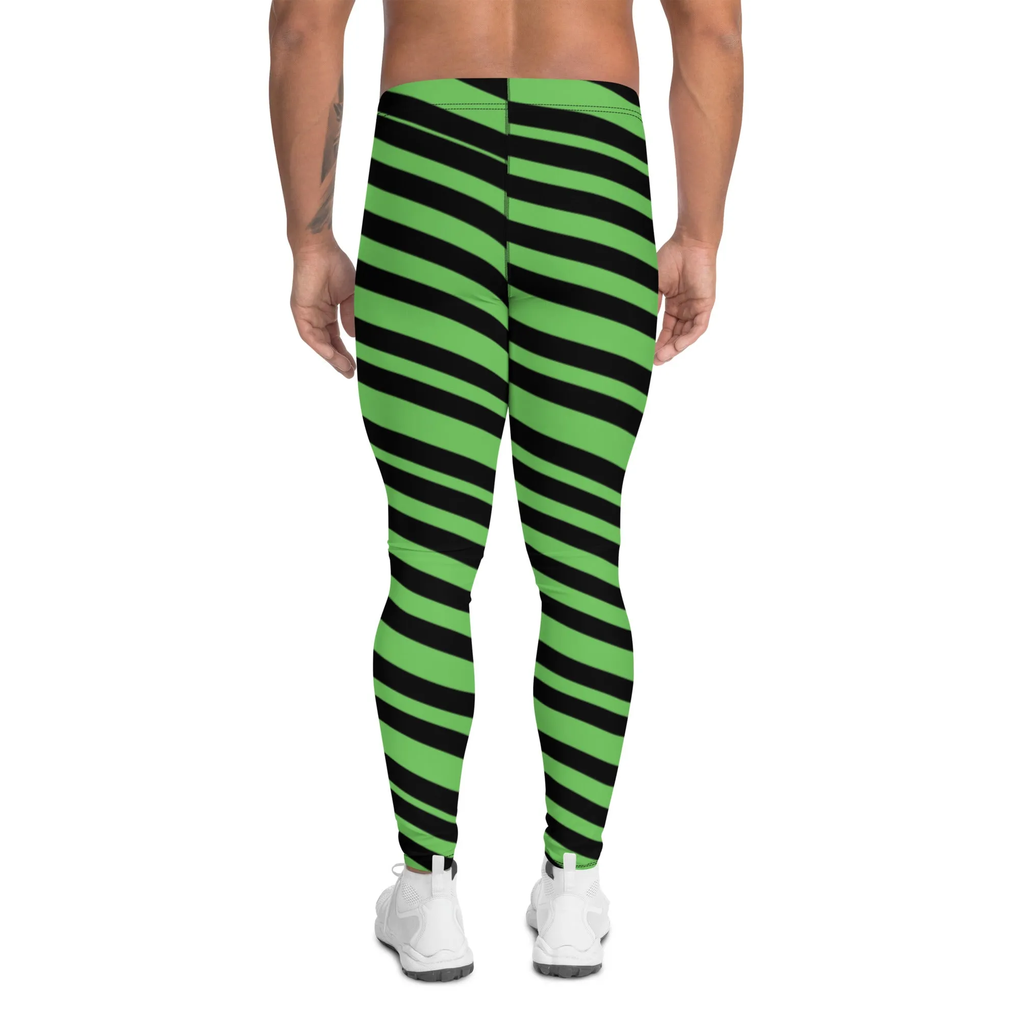 Green Diagonal Striped Men's Leggings, Diagonally Stripes Modern Premium Running Tights For Men