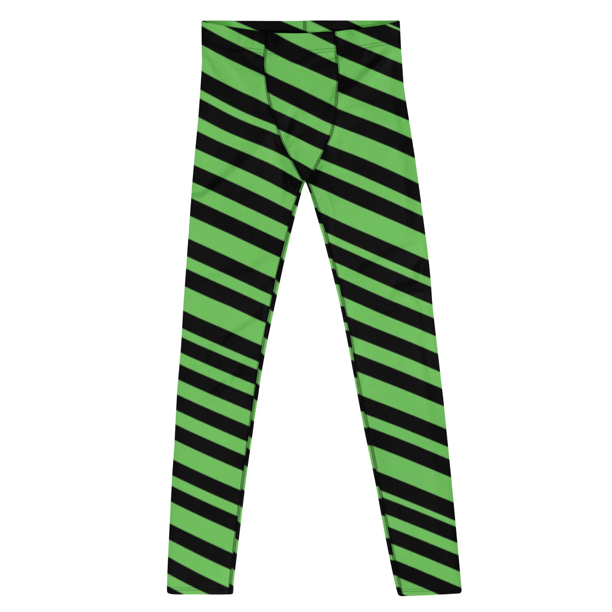 Green Diagonal Striped Men's Leggings, Diagonally Stripes Modern Premium Running Tights For Men