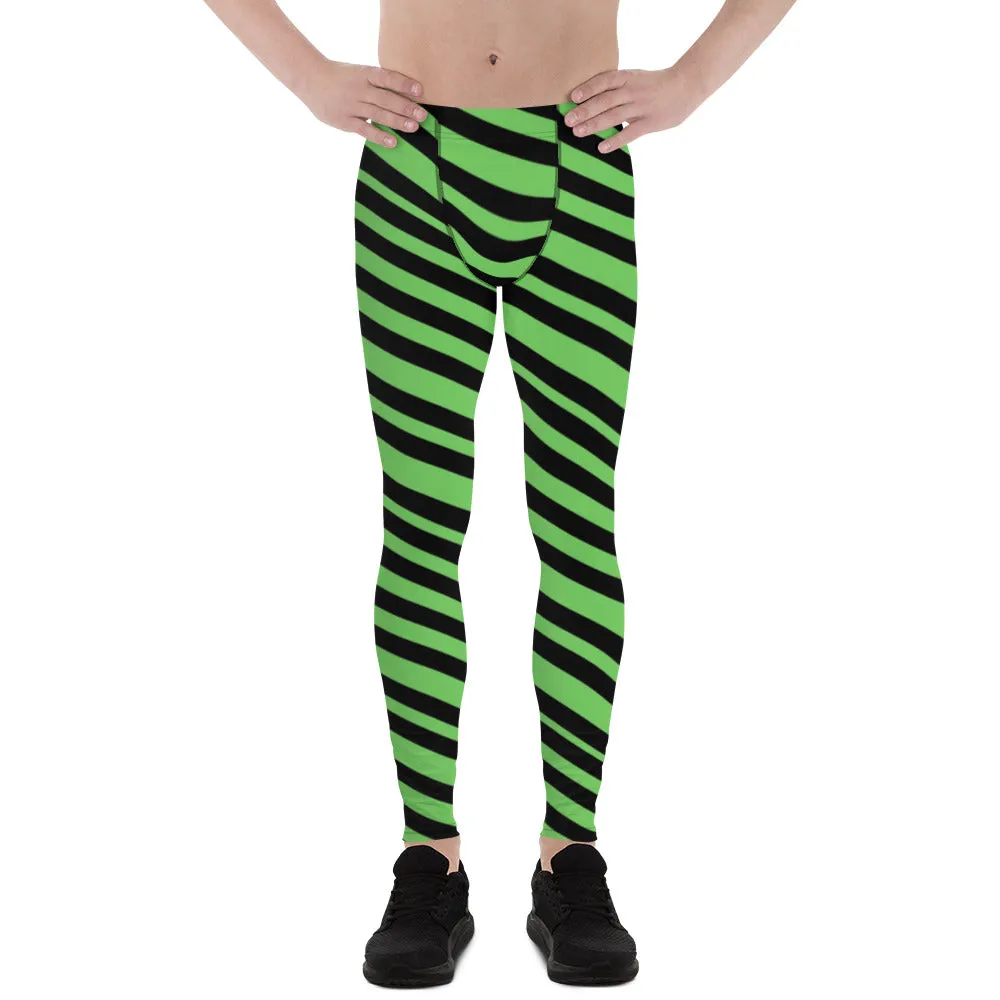 Green Diagonal Striped Men's Leggings, Diagonally Stripes Modern Premium Running Tights For Men