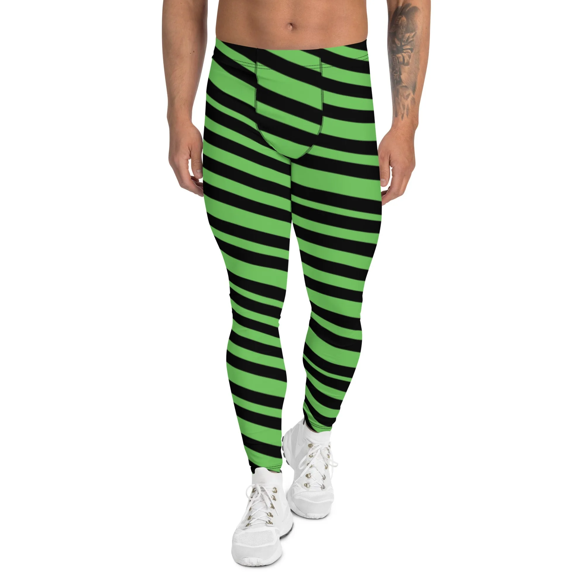 Green Diagonal Striped Men's Leggings, Diagonally Stripes Modern Premium Running Tights For Men