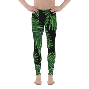 Green Tropical Leaf Meggings, Best Premium Quality Hawaiian Premium Black Men's Leggings-Made in USA/EU