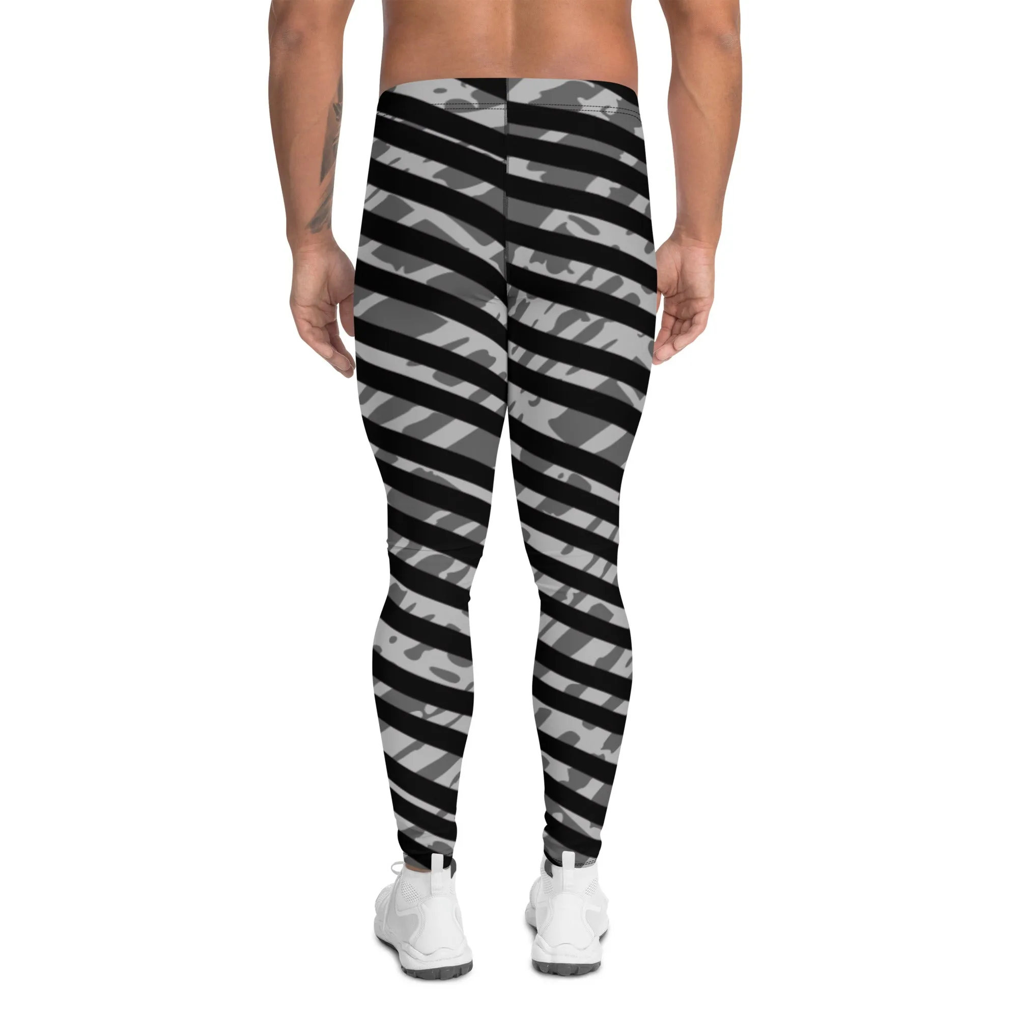 Grey Striped Best Men's Leggings, Diagonally Stripes Modern Premium Running Tights For Men