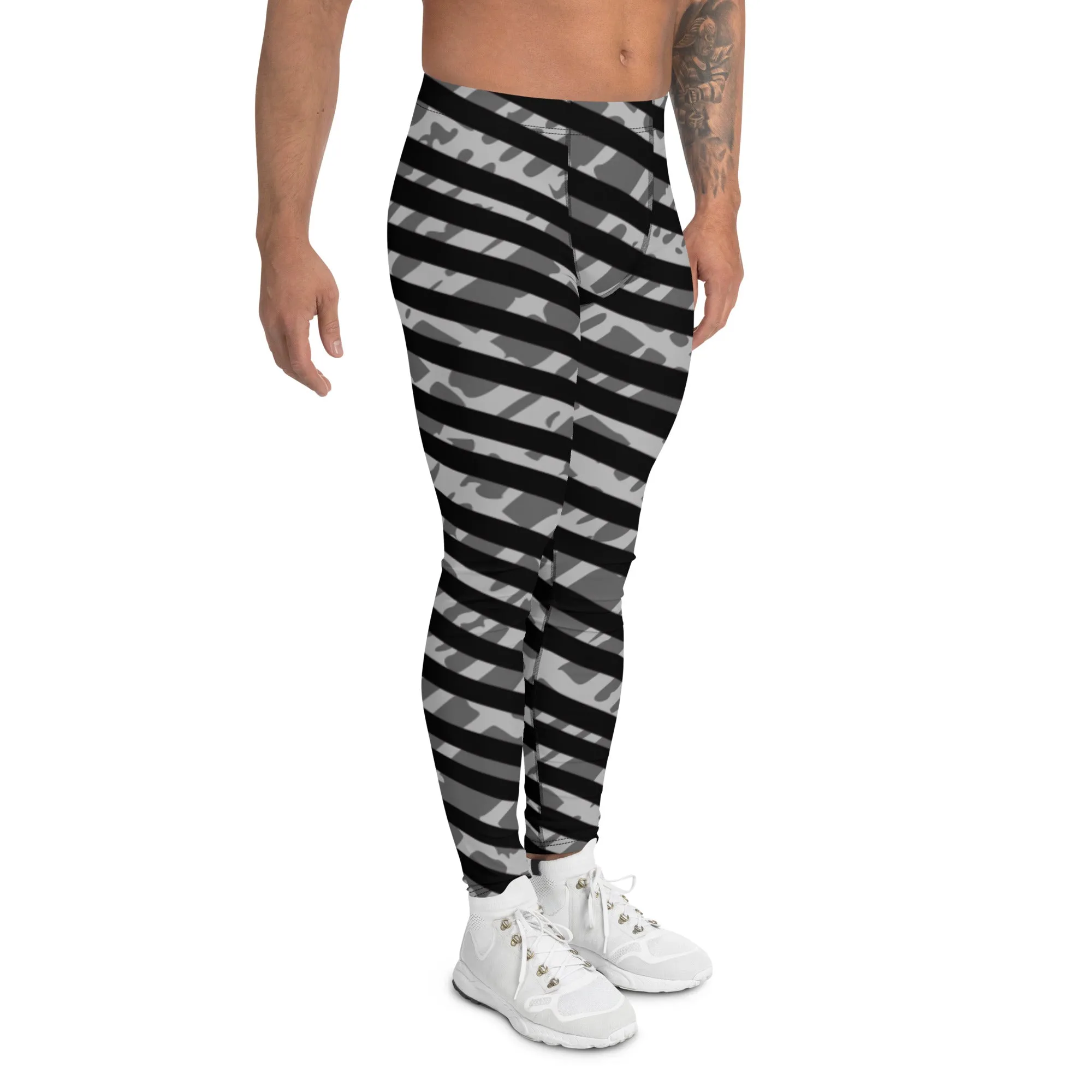 Grey Striped Best Men's Leggings, Diagonally Stripes Modern Premium Running Tights For Men