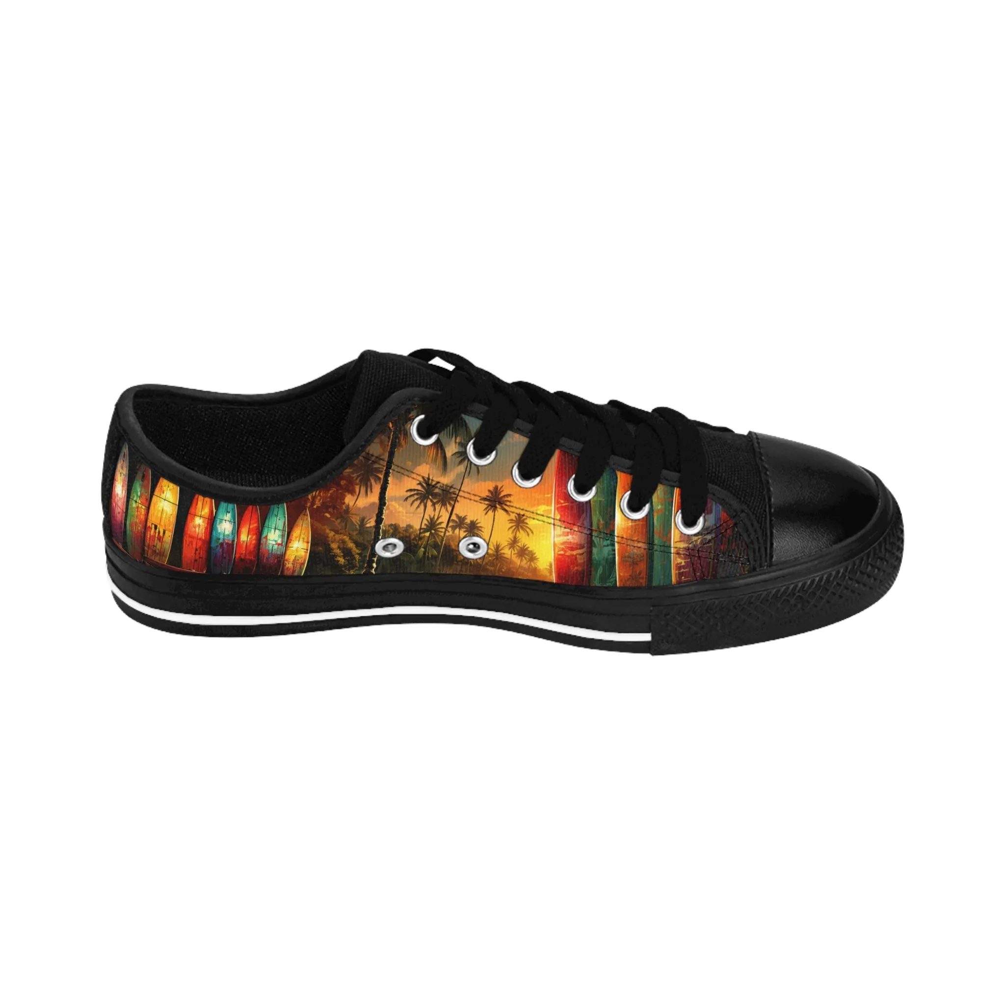 Hawaiian Longboard Surfboards in Stunning Hawaiian Sunset Beach Scene - Custom Men's Sneakers - Surfboard Design #004