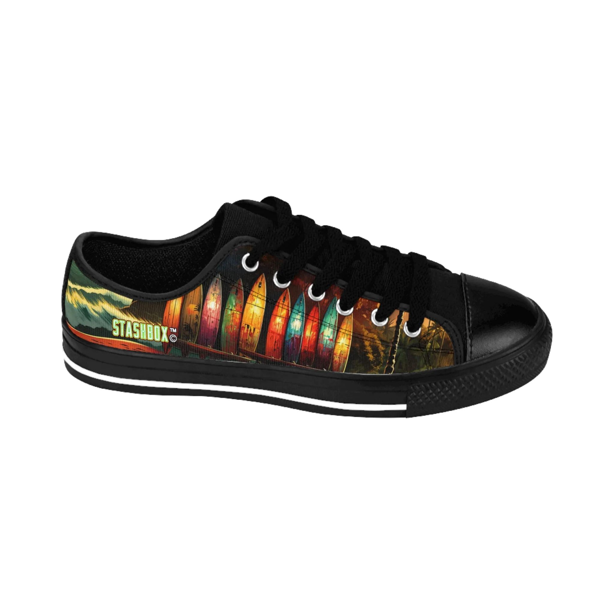 Hawaiian Longboard Surfboards in Stunning Hawaiian Sunset Beach Scene - Custom Men's Sneakers - Surfboard Design #004