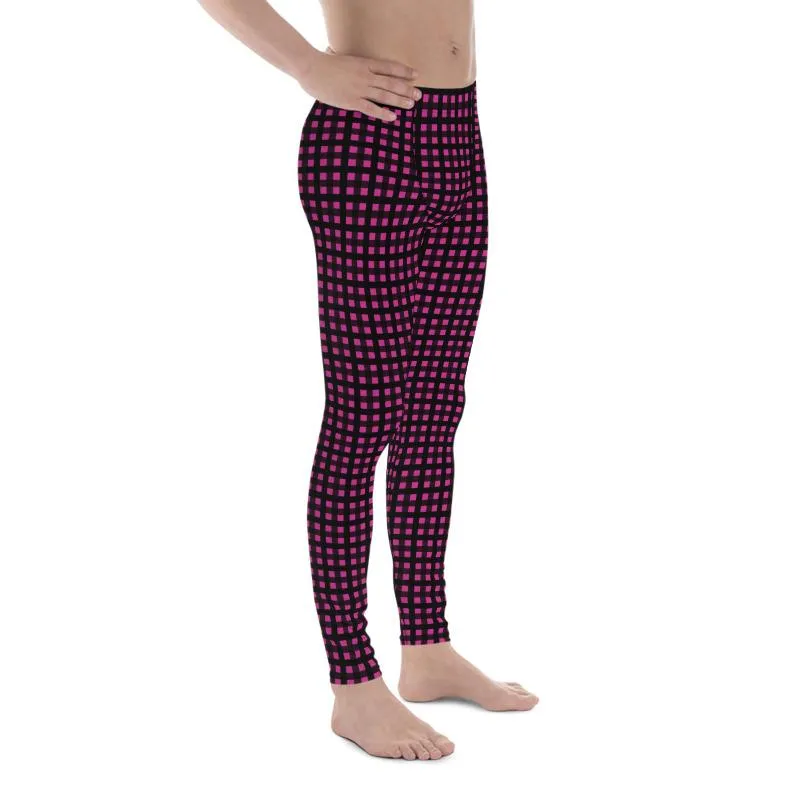 Hot Pink Buffalo Men's Tights, Plaid Print Designer Men's Leggings Compression Tights -Made in USA/EU